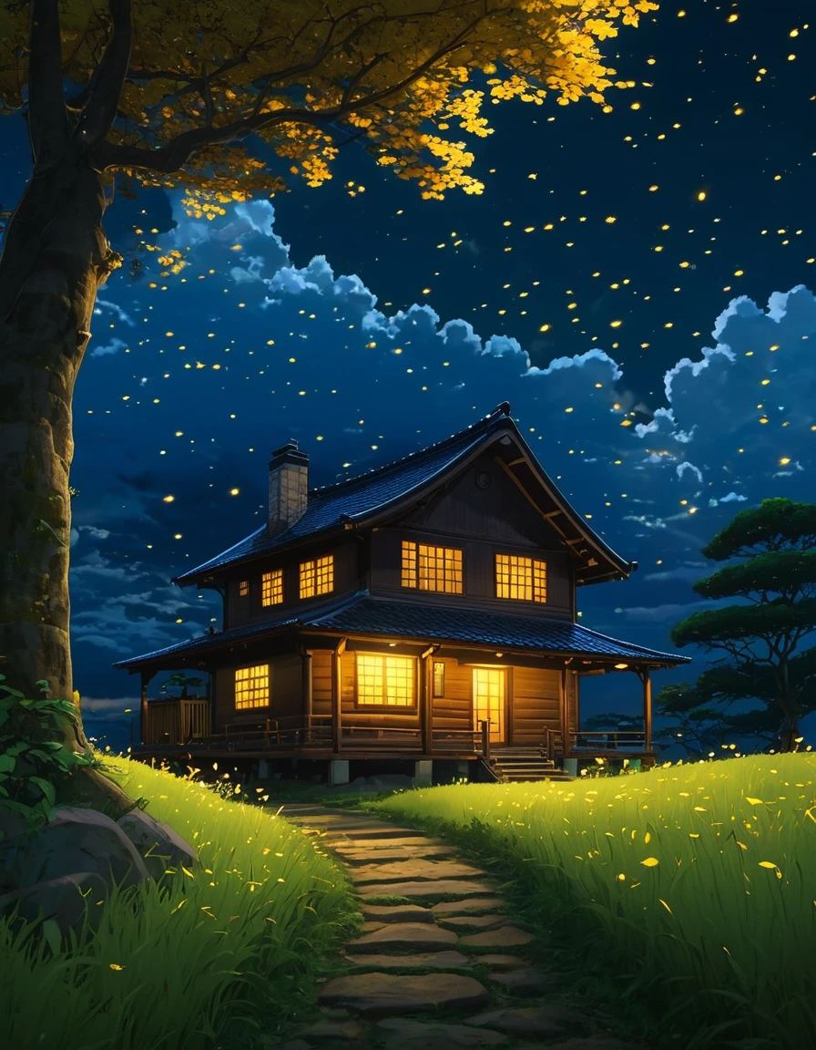 masterpiece!!!! 8k a cabin ANIME GHIBLI STYLE!!!!! The image shows a serene night scene of a house under a tree clouds hill!!! path golden clouds lighting anime 8k l fireflies grass golden night shadow, firefly golden leaves