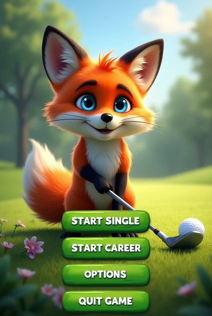 realitic photo stle,highly detailed herbs golf ambiance, a title screen of a computer game called "Super Fox Golf Challenge". A blue eyes fox wirh realistic fur playing golf is pictured. In the bottom there is a button captioned with herb"START SINGLE" below it there is a button captioned "START CAREER" and below it there is a button captioned "OPTIONS" and below it there is a button captioned "QUIT GAME" and below that there green ball club play golf highly detailed herbs. Tilt shift effect focus