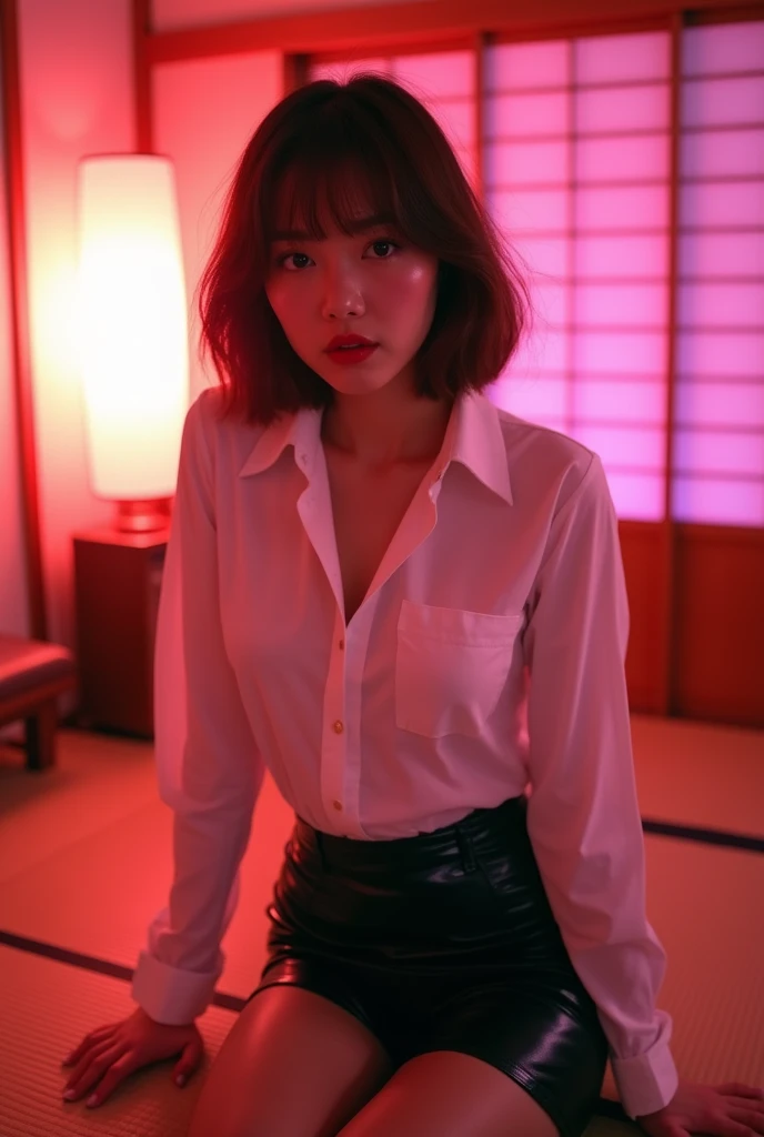 ((Japanese  actress))　Mature Woman　((Plump, bright red lips with lipstick))　　Duck mouth　((Short brown hair with bangs))　((Looking into the camera))　Sit with your 　((White button shirt and black enamel tight skirt))　　Low-angle shot of a person standing facing forward　look down　((A bedroom with shoji and tatami mats lit up in pink neon lights))　