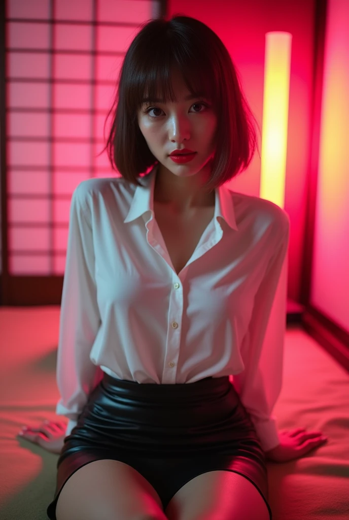 ((Japanese Idols)) ((Plump and Shiny Lips)) Big Breasts ((Short brown hair with bangs)) ((Looking into the camera)) Sit with your legs apart ((White button shirt and black enamel tight skirt)) Low-angle shot of a person standing facing forward look down ((A bedroom with shoji and tatami mats lit up in pink neon lights))