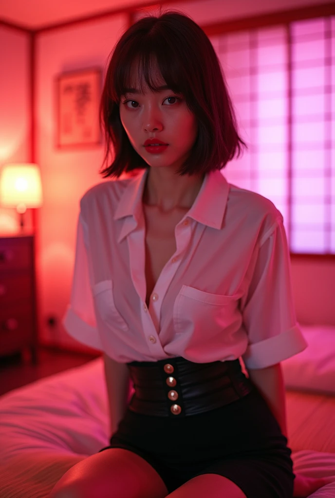 ((Chinese Idol)) 35 talents ((Plump, bright red lips with lipstick)) cute round face Heavy makeup Duck mouth Big Breasts Plump Brown hair short hair ((Looking into the camera)) Sit with your legs apart ((White button-up shirt with black patent leather tight skirt and black stockings)) ((Knee-high boots)) Skin and chest drenched in sweat (Sit on the futon with your legs spread open.) look down ((A bedroom with shoji and tatami mats lit up in pink neon lights)) Shooting from a camera angle seen from the floor