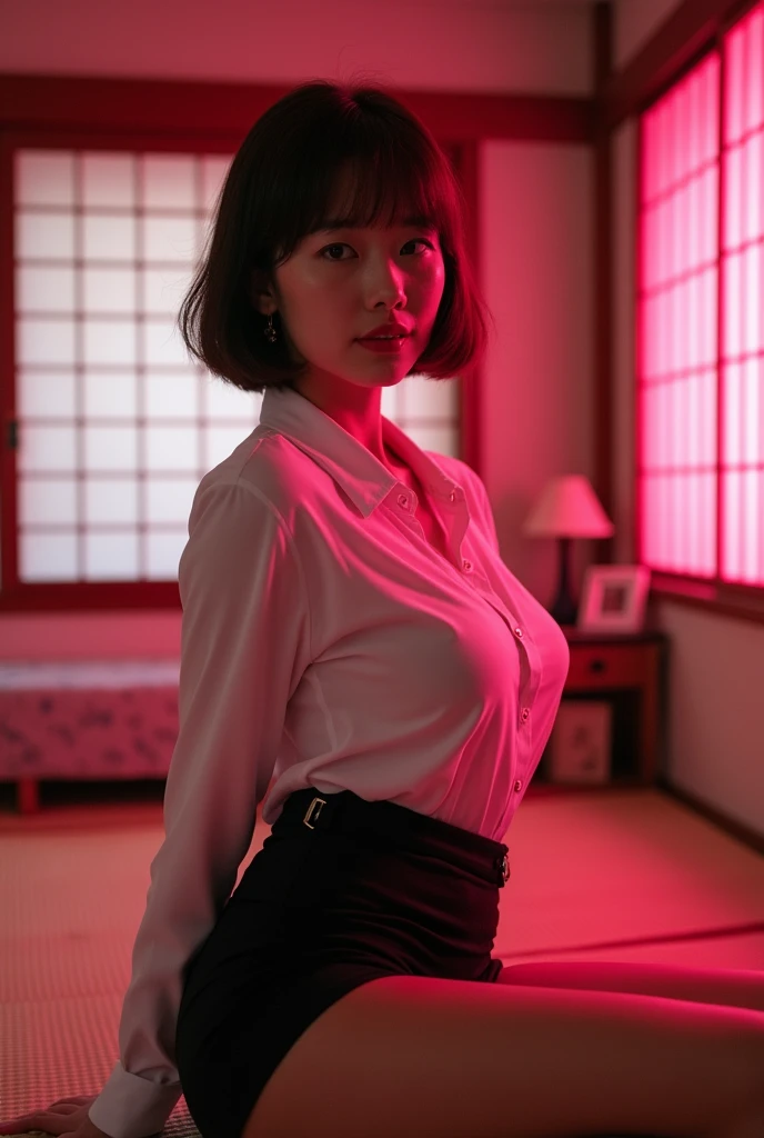 ((Japanese sexy actress)) Mature Woman ((Plump, bright red lips with lipstick)) Big Breasts Duck mouth ((Short brown hair with bangs)) ((Looking into the camera)) Sit with your legs apart ((White button shirt and black enamel tight skirt)) Low-angle shot of a person standing facing forward look down ((A bedroom with shoji and tatami mats lit up in pink neon lights))