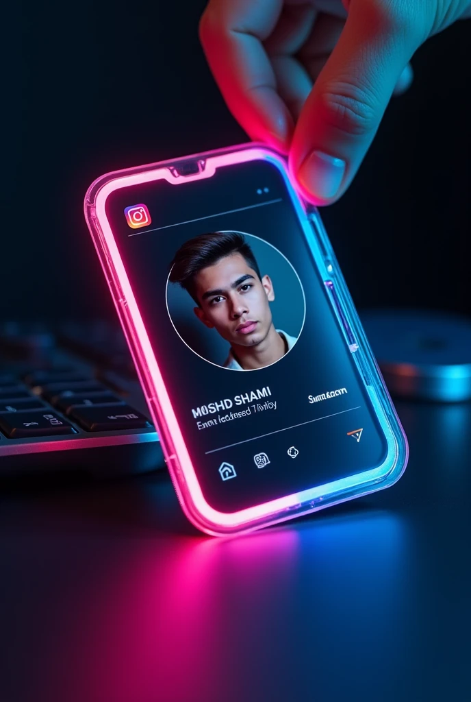 Create a Instagram profile on glass id card on a Black desk displaying Instagram logo and realistic profile photo of a teenage boy in circle and " MOHD SHAMI" is written in bold fonts under the profile photo, the Instagram card is glowing in pink and blue color on the edge, One corner is held with two fingers