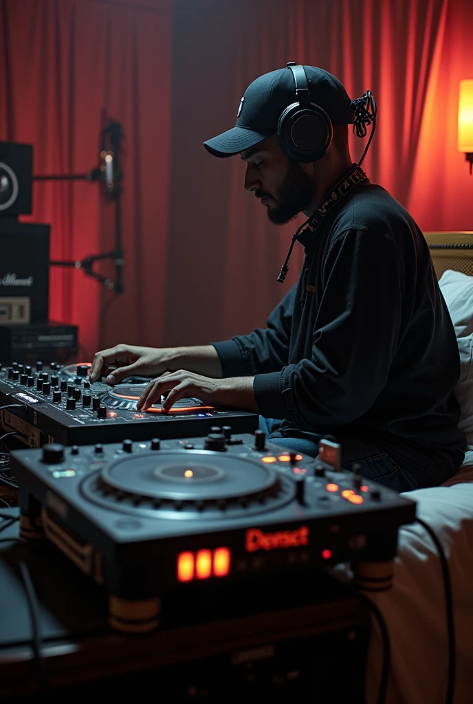 Black deejay in a cap admitted to a bed with a stretcher and inferneiras inside a music studio with the cables connected to his body