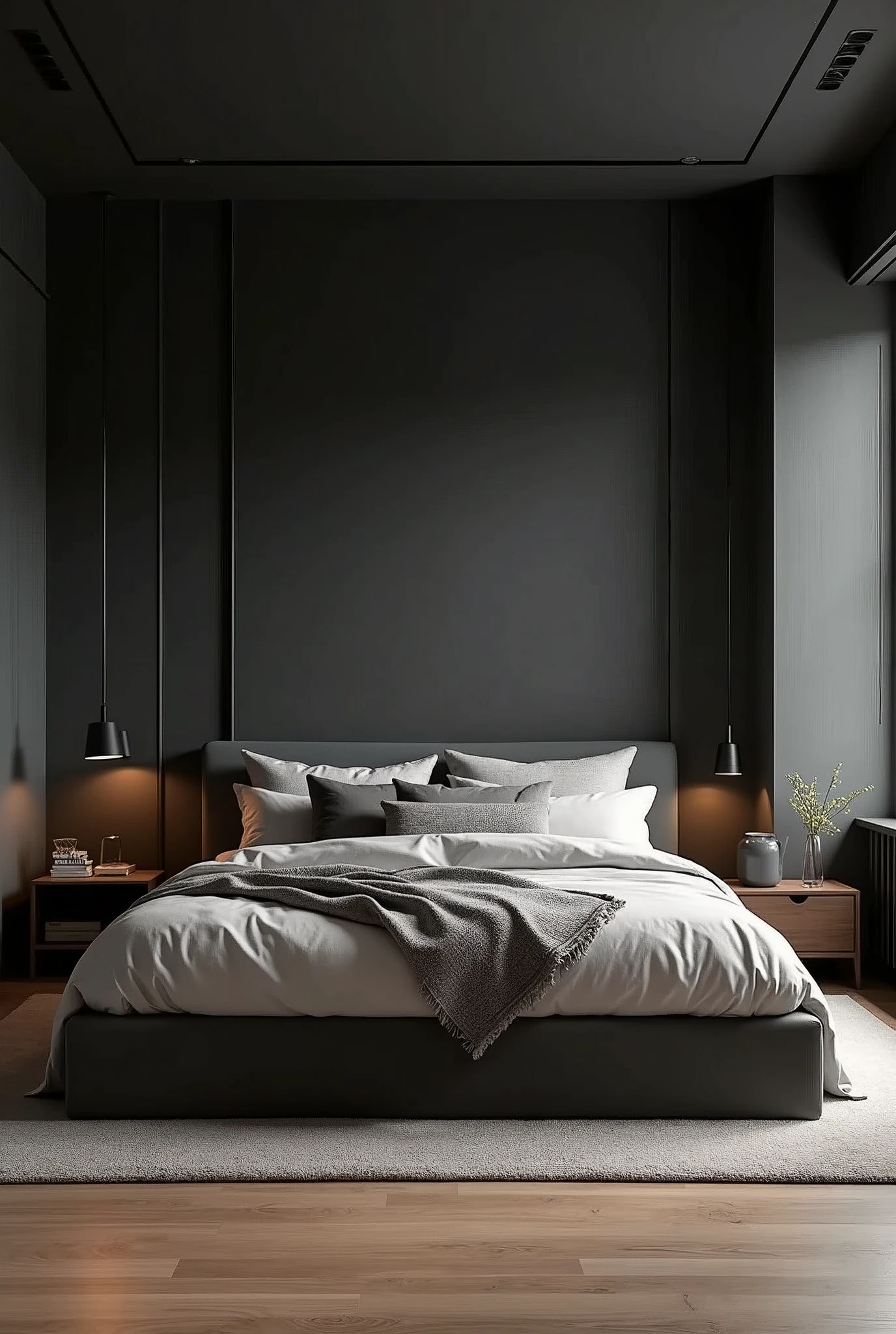 (masterpiece) (detailed description) (best quality) minimal looking bedroom design, masculine theme, dark color with clean paint theme, bed room of man, clean, wooden flooring, king size minimal bed, perfectly organised room