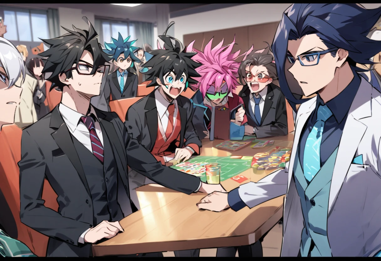 A bunch of nerdy boys are playing Yu Gi Uh, taking turns dueling while their friends watch and cheer, one especially devoted boy is in YuGiUh cosplay complete with suit and crazy hair
