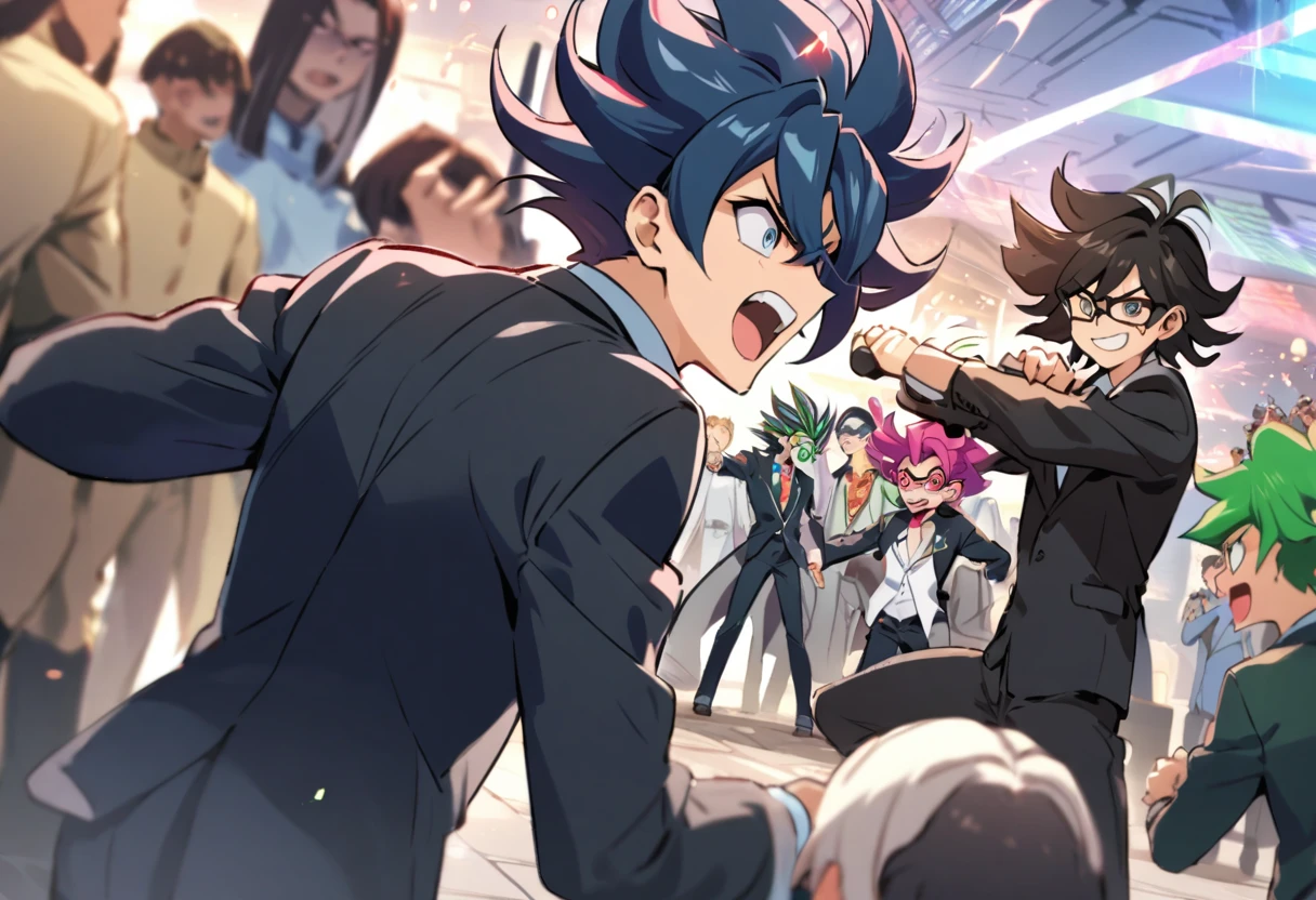 A bunch of nerdy boys are playing Yu Gi Uh, taking turns dueling while their friends watch and cheer, one especially devoted boy is in YuGiUh cosplay complete with suit and crazy hair