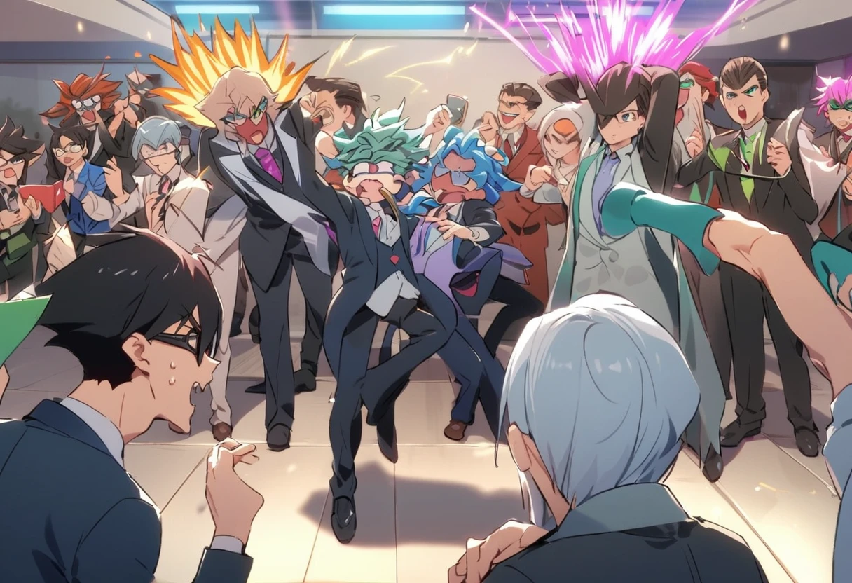 A bunch of nerdy boys are playing Yu Gi Uh, taking turns dueling while their friends watch and cheer, one especially devoted boy is in YuGiUh cosplay complete with suit and crazy hair