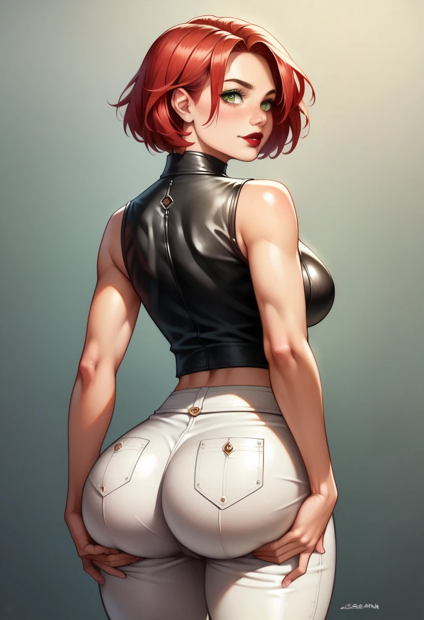 (high-level image quality), (high quality), (high resolution), (detailed), (masterpiece), beautiful woman, ((caucasian)), green eyes, red hair, short hair, dark red lipstick, busty, slender body, Detailed eyes, perfect eyes, Detailed face, portrait, streets, turtleneck top, leggings, sexy poses, back view
