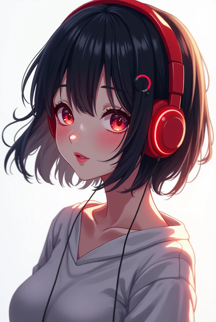 ((RAW Photo), white background, sweet pose, masterpiece, best quality, (Extremely detailed 8k unity CG wallpaper), (best illustration), (best shadow), Realistic lighting, beautiful detailed glow, ((21 years old)), girl, short black hair, red lipstick, wearing headphone (((Photographic Perspective of her)))