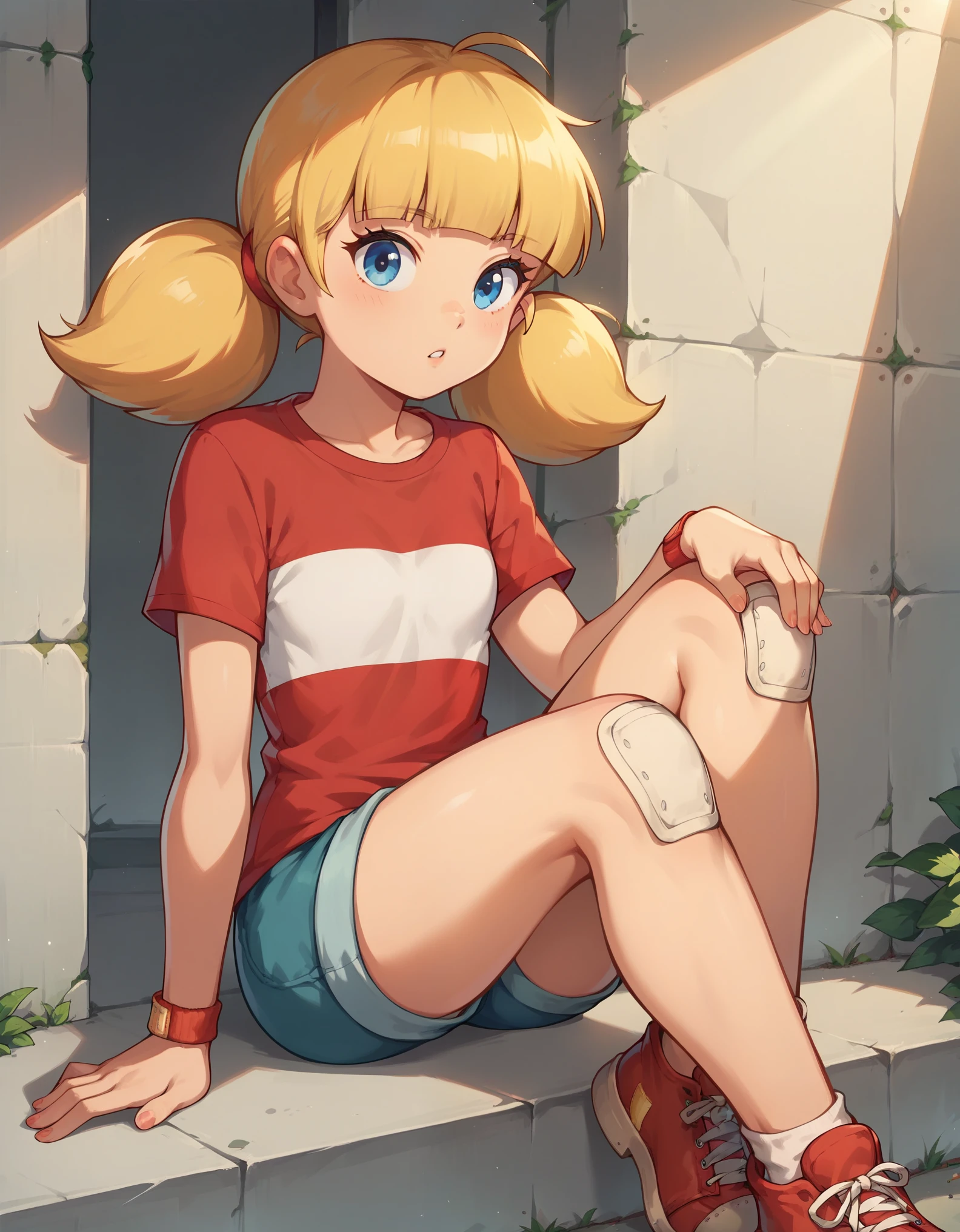 score_9, score_8_up, score_7_up, penny_ig, blonde hair, twintails, blue eyes, red shirt, stripe, knee patch, dim lighting factory