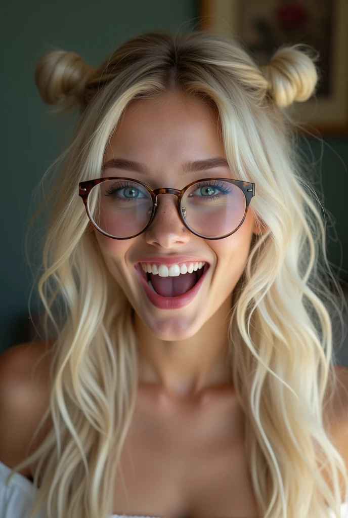 worm's eyes shot, looking at the viewer, INSTAGRAM, PORNHUB, Cinematic Hollywood Film style , blonde female supermodel, Swedish beautiful girl of 18 years old, ashamed, big mouth, plump lips, extra shinny lips, long fake eyelashes, smile, textured pale skin, blonde Brenden silver topknot hair, mouth wide-open, perfect teeth, white tigh high stockings, light freckles, flat chest, large nipples, short legs, thin legs, short torso, thin waist, tight off shoulders top, sensually dynamic pose, living room, perfect eyes, detailed irises and pupils, blue eyes, shot on Hasselblad X2D 100C,ISO 50, narrow shallow depth of field, bokeh, sharp focus on subject, natural light form early spring at midday, sharp focus, realistic, high definition, Beautiful sun light filtering through the ends of the hair, long hair, glasses with transparent frame, long straight wavy hair, stockings, visible pussy lips through thin cotton thong, pigtails, cute face, gorgeous, cute, pretty, pretty face, pale skin, freckles, blond hair, blue eyes, full shiny lips, big lips, thick lips, parted lips, pink lipgloss, mascara, skinny thighs, body, young looking, skinny, flat chest, skinny, body(body heigth:140cm), big head, innocent look, young face, pink eye shadow, ashamed, blushing, saliva