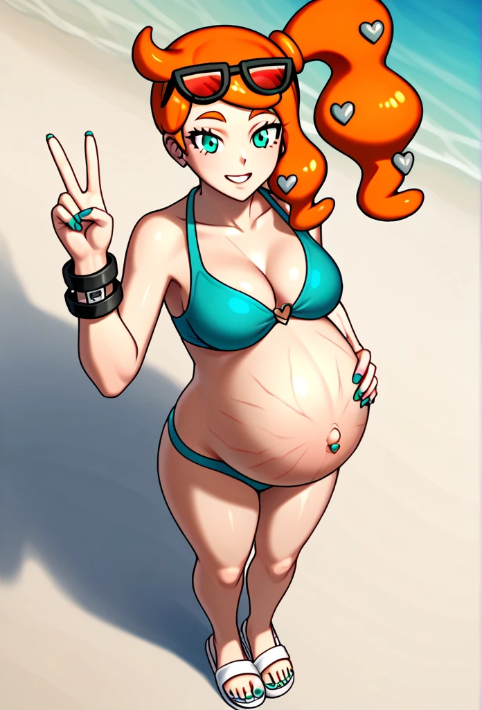 score_9, score_7_up BREAK solo,EPpkSonia,orange hair, side ponytail, aqua eyes, long hair, eyewear on head, sunglasses, heart hair ornament, aqua bikini, pregnant , big belly, Belly button piercing, cleavage, bracelet, collarbone, blue panties, nail polish, aqua nails, aqua toenails, Background beach, Posing, happy, White sandals, Rubbing belly, Stretch marks 