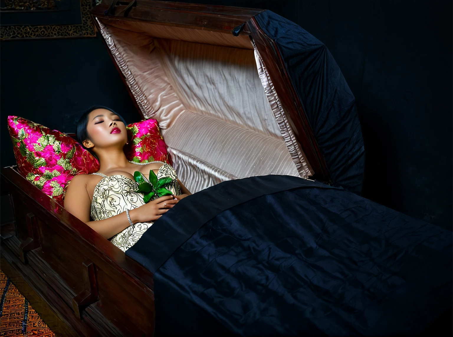 In a striking 8K HDR scene, a stunning Korean woman, 22 years old, lies peacefully in a coffin and coffin cover surrounded by plush pillows behind head. The deep box is set against a rich black background, accentuating the beauty of the subject. Her exquisite deep-V neckline kebaya attire is embroidered with superb detail, showcasing her round and firm breasts, perfect cleavage, and beautiful eyebrows. Her closed eyes and mouth give an air of serenity, while her visible and absolute cleavage leave nothing to imagination. The scene is bathed in saturated colors, highlighting every intricate aspect from the ball skirt to her clean face, straight body, detailed hand perfect hands, straight body, own hands together, own hand on stomach, detailed hands, perfect hands, holding the flowers, wearing high heels