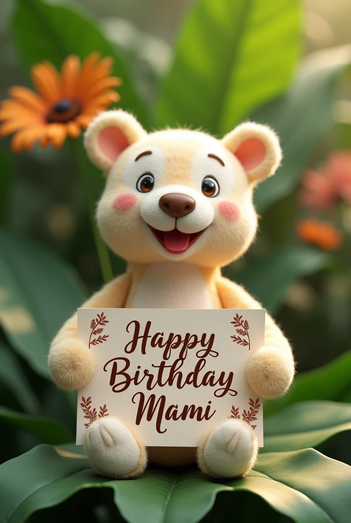 Birthday wishing cute puppet , Happy birthday Mami template on hin hand on leaf