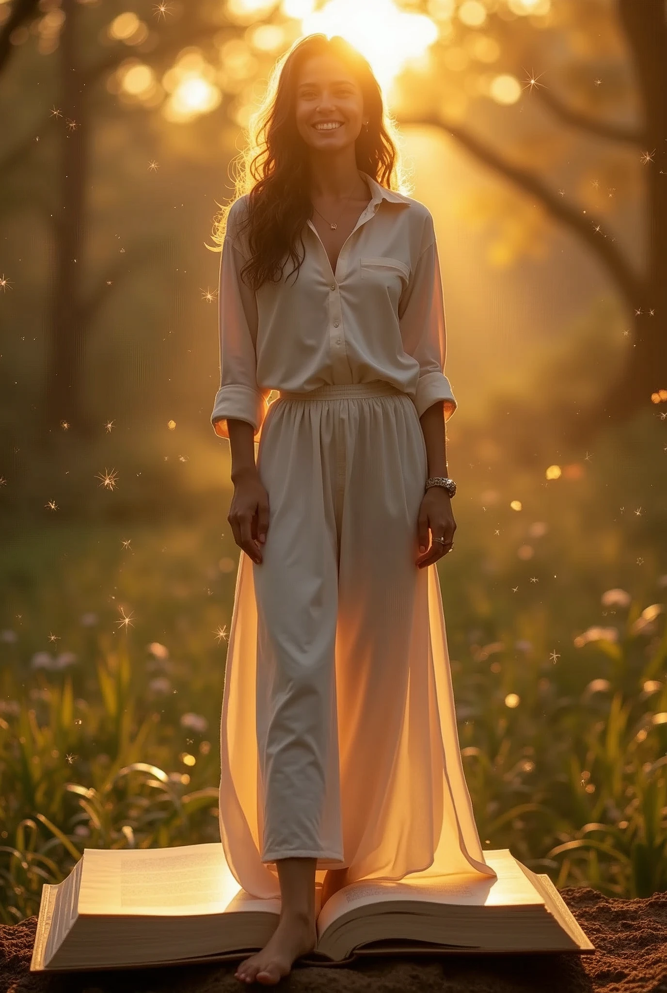 Create an inspiring image that conveys confidence and self-awareness. The image must include a woman standing, de corpo inteiro, smiling in a natural environment, como um fild ou Garden, ao nascer ou sunset. Her expression should convey confidence and serenity..
Elementos visuais:
5. main image:
• Full body woman, smiling and confident, 40 year old. Standing on a large open book.
• Natural environment (fild/Garden).
• Soft sunrise light/sunset.
6. Star of David:
• Discreetly positioned in a corner of the image or subtly incorporated into the background.
7. golden lights:
• Soft light elements radiating around the woman to create an effect of illumination and mysticism.
8. Numerological Diagram:
• A graph or diagram of numbers in a side area or discretely in the image, suggesting the deep and analytical content of the numerological chart.
Style Guidelines:
• Soft and comforting tones.
• Mystical and attractive touch.
• Mix natural light and graphic elements to create a harmonious look.