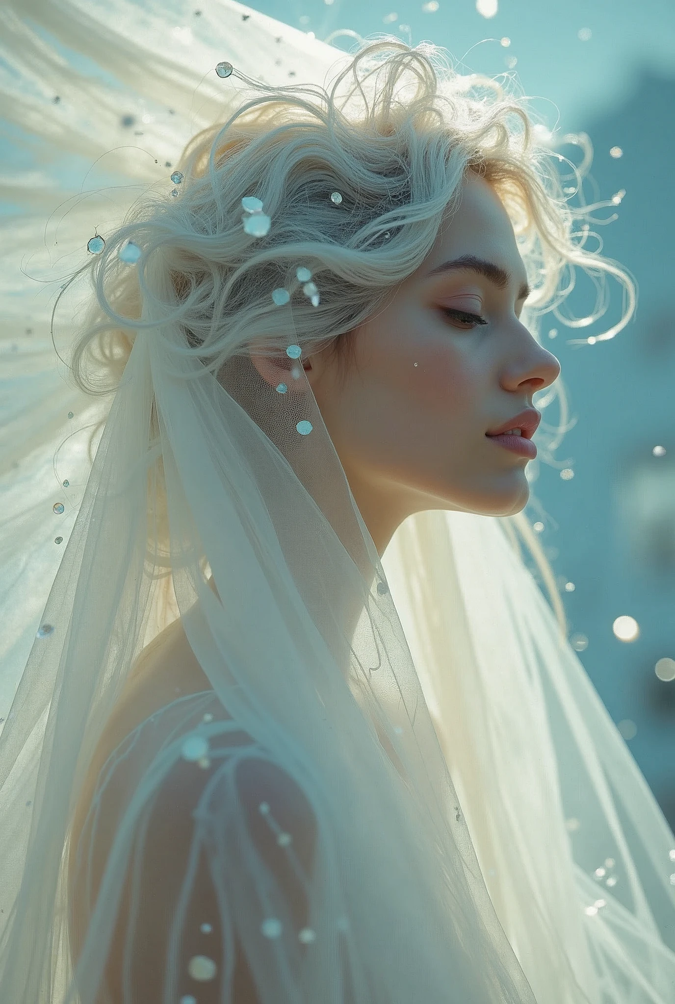 Abstract style hauntingly ethereal portrait of a mysterious figure draped in translucent fabric, crystals adorning their hair, amidst a dreamlike swirl of pastel hues and soft light, evoking a sense of calm serenity and elusive beauty, high detail, award winning masterpiece with incredible details . Non-representational, colors and shapes, expression of feelings, imaginative, highly detailed