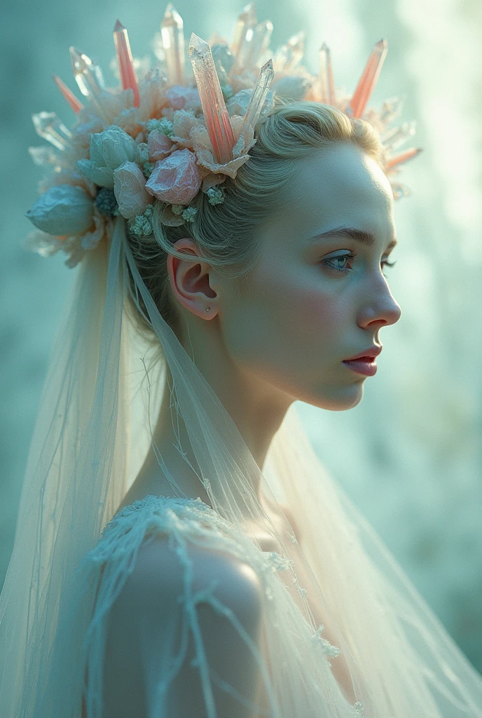 Abstract style hauntingly ethereal portrait of a mysterious figure draped in translucent fabric, crystals adorning their hair, amidst a dreamlike swirl of pastel hues and soft light, evoking a sense of calm serenity and elusive beauty, high detail, award winning masterpiece with incredible details . Non-representational, colors and shapes, expression of feelings, imaginative, highly detailed