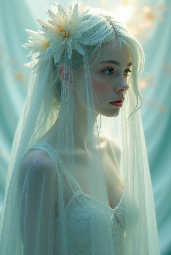 Abstract style hauntingly ethereal portrait of a mysterious figure draped in translucent fabric, crystals adorning their hair, amidst a dreamlike swirl of pastel hues and soft light, evoking a sense of calm serenity and elusive beauty, high detail, award winning masterpiece with incredible details . Non-representational, colors and shapes, expression of feelings, imaginative, highly detailed