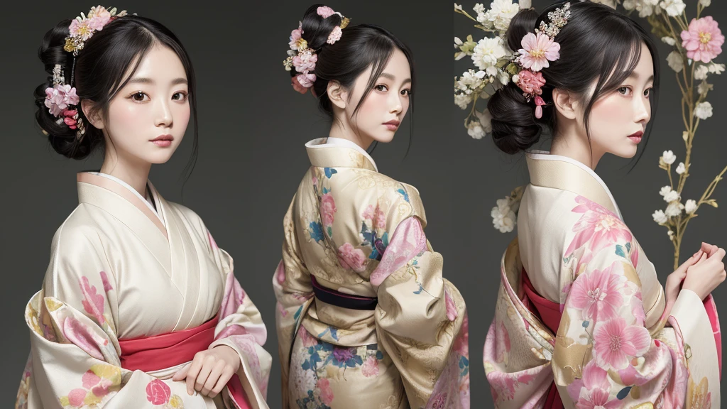 Create an illustration of a Japanese noblewoman from the Heian period, dressed in an elaborate and colorful multi-layered kimono. The kimono should feature intricate floral patterns with a combination of soft yellow, green, and pink colors. The noblewoman has long, straight black hair that flows down her back. Her face is delicate and serene, reflecting the elegance and grace of classical Japanese art. The overall style should be traditional, with attention to detail in the fabric patterns and the posture of the noblewoman, capturing the refinement of the Heian period. The background should be minimal or plain white to emphasize the figure and her clothing. face closeup