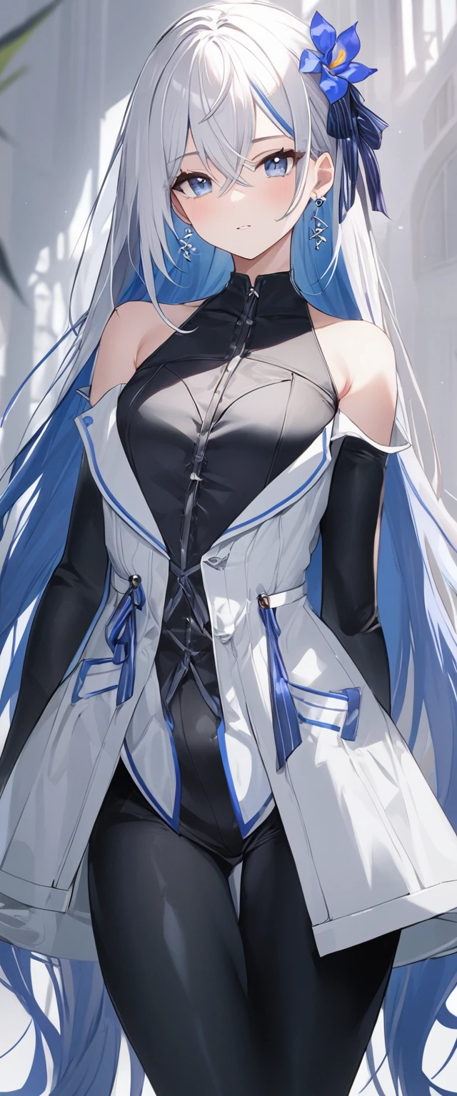 white hair, crossed bangs, very long hair, single sidelock, blue eyes, eye shadow, Aesthetically pleasing, Black Sleeveless Bodysuit, Stripes all over the clothes, Chest clings to clothing, White Off-shoulder coat, Blue hair accessories, Stunning, Exquisite, Comely, Single earring, Modern Clothing, Iris placket, best quality, high quality, 1080P