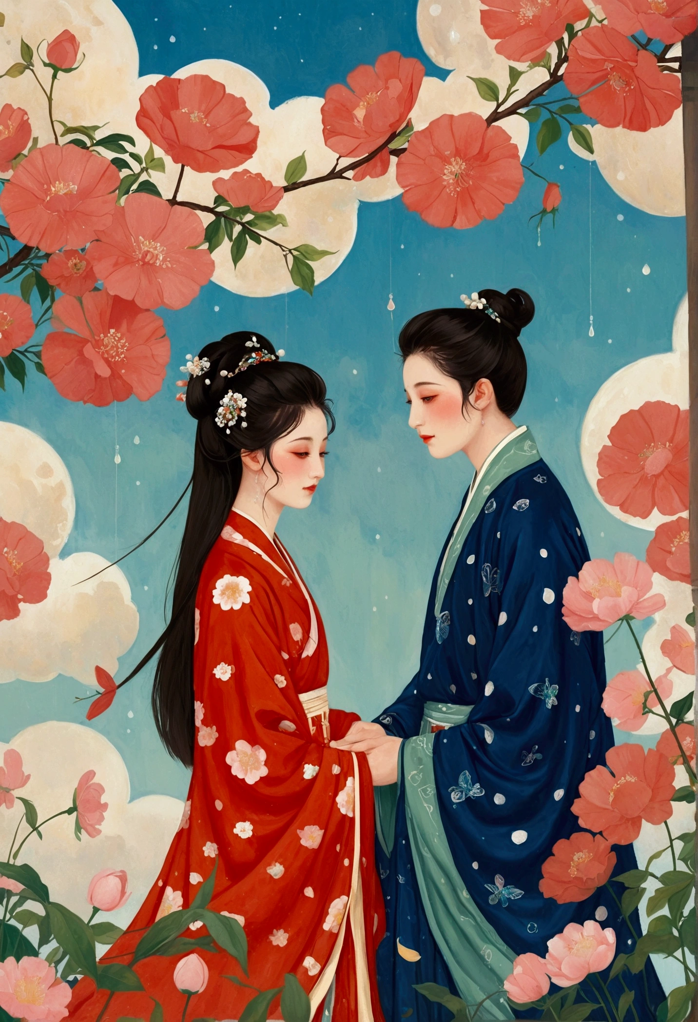 Oil painting on canvas，Etienne Adolphe Piaud, Etienne Adolphe Piot，English Pre-Raphaelite painter，Pre-Raphaelite Brotherhood, ink style, masterpiece, dream花园，Aesthetic治愈，moon，Star，Aesthetic诗意，A man and a woman in Hanfu stand on a magpie bridge made of soft pink clouds。These clouds are fluffy and soft，As if just plucked from the sky，Each flower has a delicate texture and slight elasticity.。The edge of the magpie bridge is still hung with strings of glittering pearl-like dewdrops.，About to drip。The starry sky around，Star并非是常见的尖锐亮点，But each one is round and full、A ball of light woven from soft threads of light，Exudes a soft and warm glow，Like freshly baked marshmallows。The clothes worn by the Cowherd and the Weaver Girl are made of silk that is as light as mist.，When the wind blows，The folds of silk flow naturally like water ripples，The edges of the clothing are inlaid with fluffy white down.，Adds a bit of warmth and romance。Their hair is not a rigid line.，But a strand of silky soft、Slightly curly filaments，As if I could feel the gentle breeze，Studio Lighting，3D, Realistic lighting，Beautiful light，Edge Glow，Volumetric Light，Rim Light，Bioluminescence，Perfect composition，Masterpiece，8k，dream，mystery,beauty,Aesthetic，Mainly realistic traditional style，The painting style is meticulous，Refreshing colors，HD，in the style of Pre-Raphaelite Brotherhood