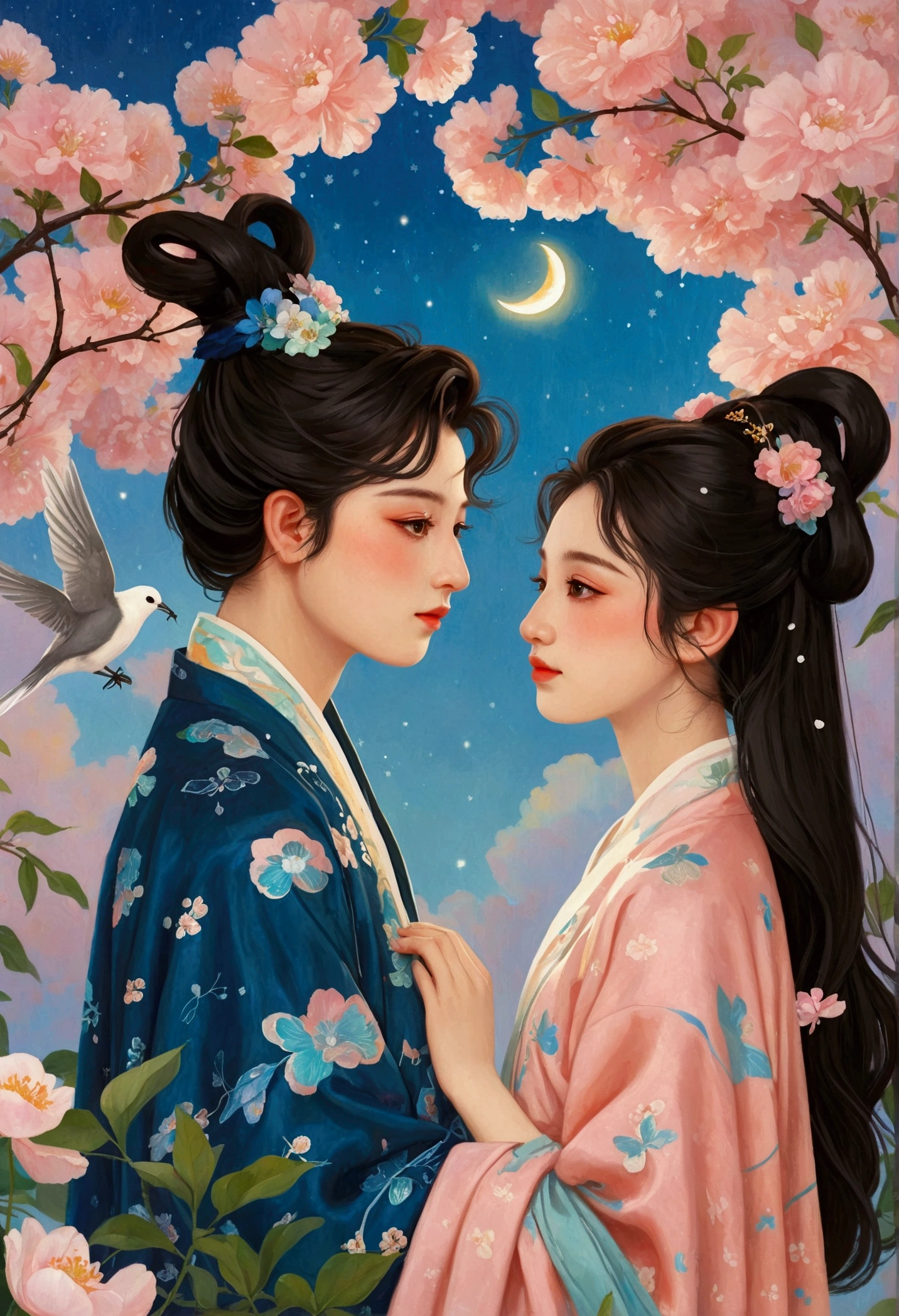 Oil painting on canvas,Etienne Adolphe Piaud, Etienne Adolphe Piot,English Pre-Raphaelite painter,Pre-Raphaelite Brotherhood, ink style, masterpiece, dream花园,Aesthetic治愈,moon,Star,Aesthetic诗意,A man and a woman in Hanfu stand on a magpie bridge made of soft pink clouds。These clouds are fluffy and soft,As if just plucked from the sky,Each flower has a delicate texture and slight elasticity.。The edge of the magpie bridge is still hung with strings of glittering pearl-like dewdrops.,About to drip。The starry sky around,Star并非是常见的尖锐亮点,But each one is round and full、A ball of light woven from soft threads of light,Exudes a soft and warm glow,Like freshly baked marshmallows。The clothes worn by the Cowherd and the Weaver Girl are made of silk that is as light as mist.,When the wind blows,The folds of silk flow naturally like water ripples,The edges of the clothing are inlaid with fluffy white down.,Adds a bit of warmth and romance。Their hair is not a rigid line.,But a strand of silky soft、Slightly curly filaments,As if I could feel the gentle breeze,Studio Lighting,3D, Realistic lighting,Beautiful light,Edge Glow,Volumetric Light,Rim Light,Bioluminescence,Perfect composition,Masterpiece,8k,dream,mystery,beauty,Aesthetic,Mainly realistic traditional style,The painting style is meticulous,Refreshing colors,HD,in the style of Pre-Raphaelite Brotherhood