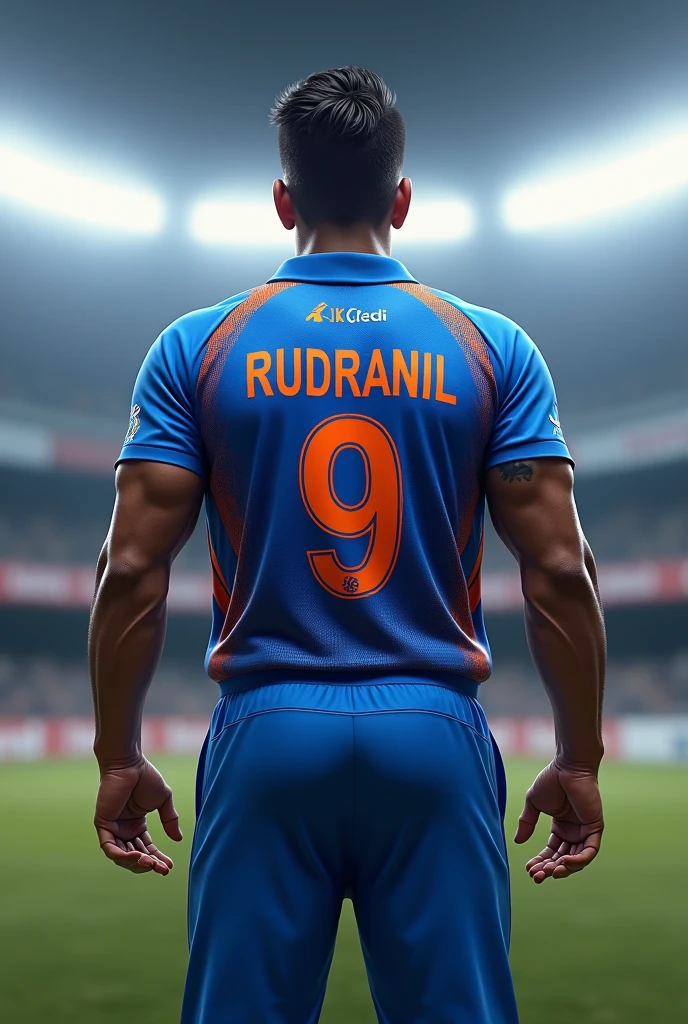 Create a Cricket Player wearing  Indian Cricket Jersey with number 9 and Name in the jersey is Rudranil. Make it muscular