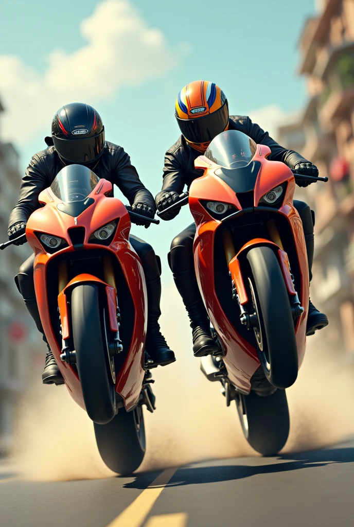 Two guys popping wheelies on sport bikes