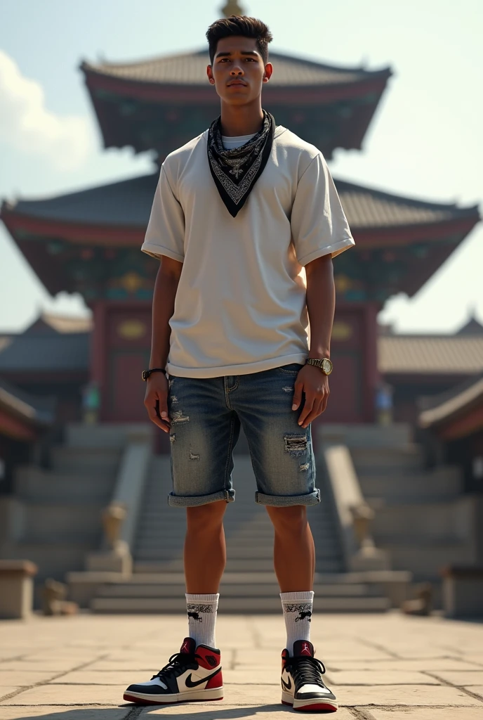 A Nepali guy of age around 23 from behind view 5.4 ft in height and 72 kg in weight a little fat round body shape, Standing in front of temple in kathmandu, in a cool get up wearing oversized tshirt , jaded jeans shorts, nike jordan shoes with sexy printed socks and short hair. And handkerchief tied in neck.