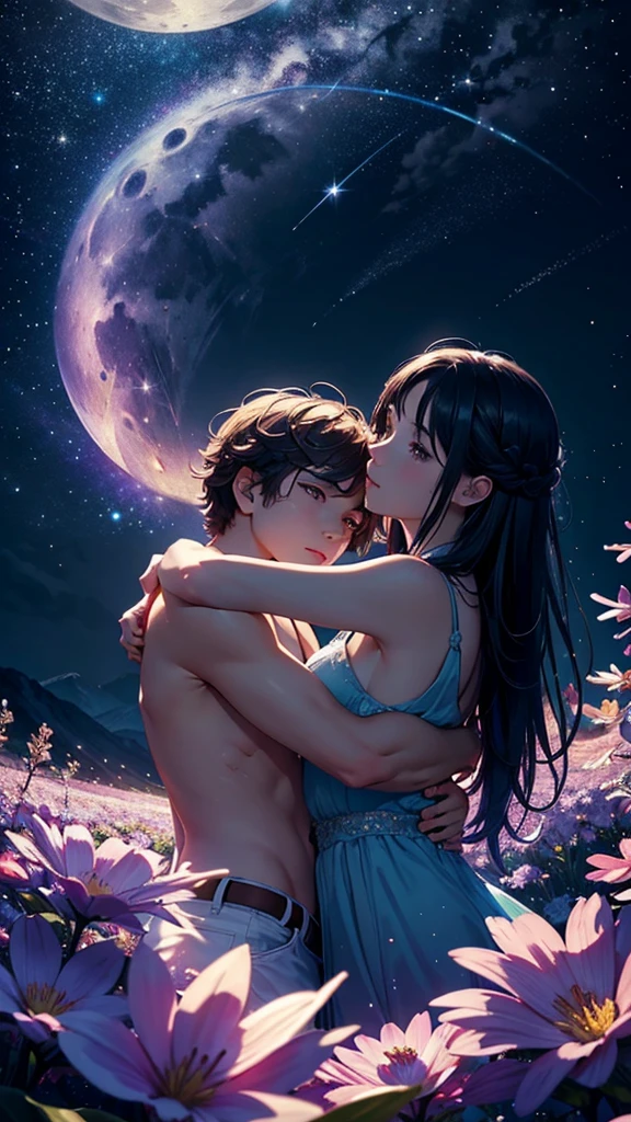Girl and boy are naked and passionately making love in a meadow on a lonely moonlit night