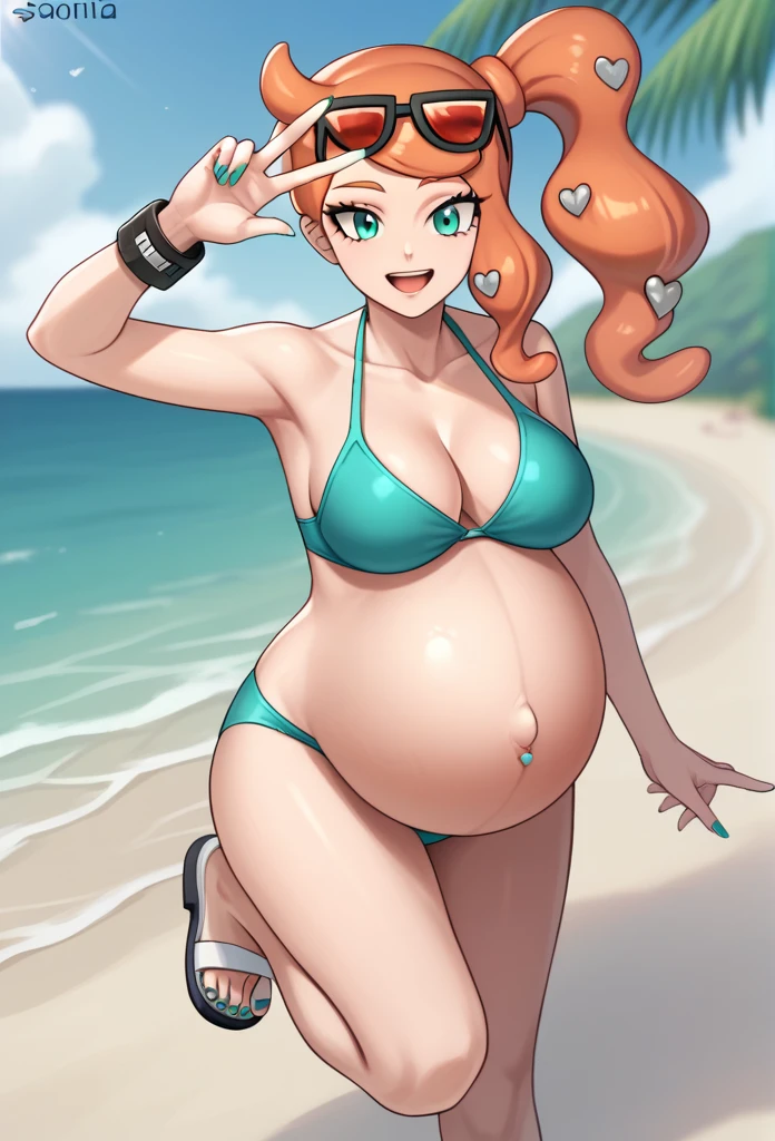 score_9, score_7_up BREAK solo,EPpkSonia,orange hair, side ponytail, aqua eyes, long hair, eyewear on head, sunglasses, heart hair ornament, aqua bikini, pregnant , big belly, Belly button piercing, cleavage, bracelet, collarbone, blue panties, nail polish, aqua nails, aqua toenails, Background beach, Posing, happy, White sandals, Rubbing belly, 
