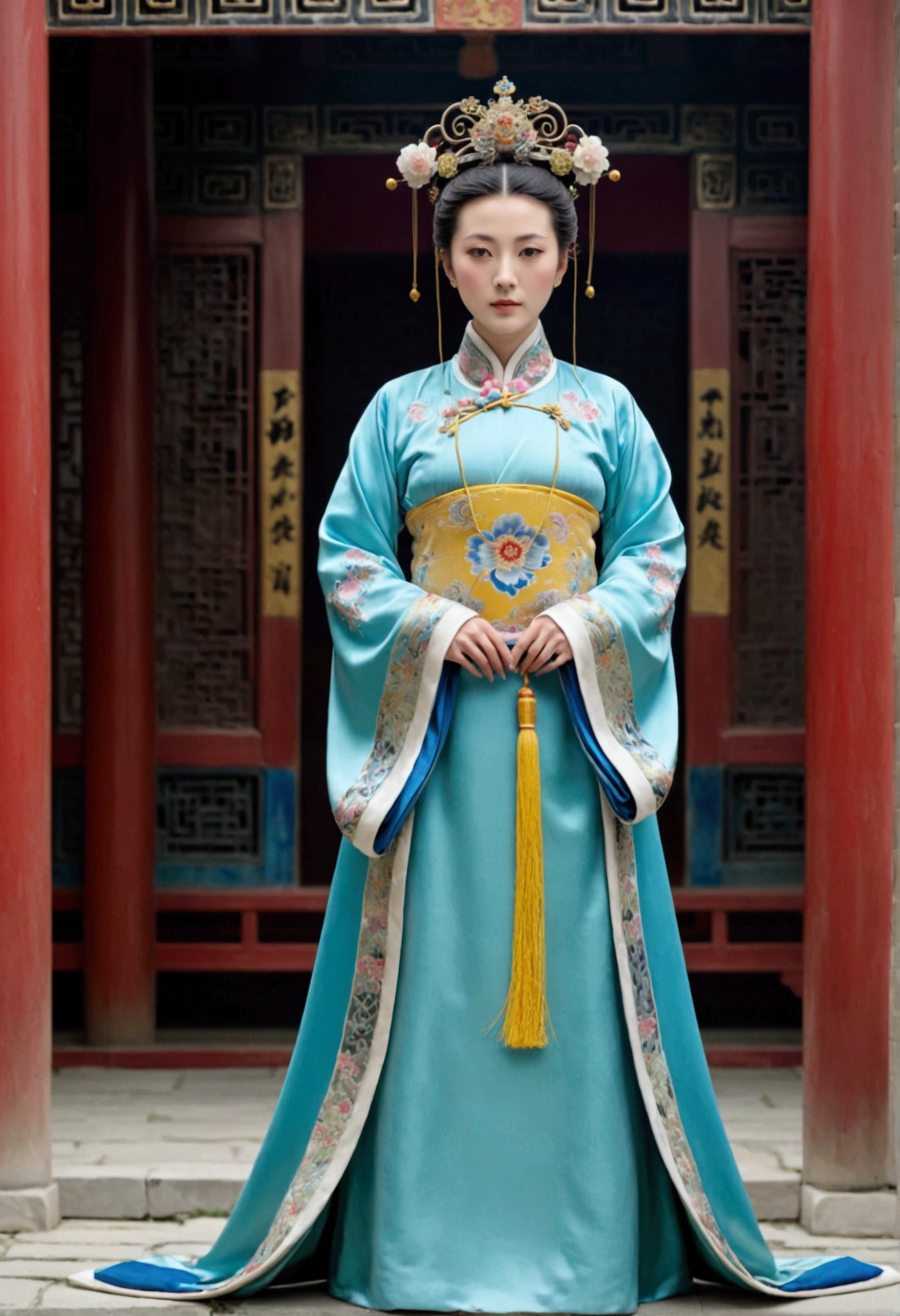 A woman seen from the front, standing full-body, facing forward, wearing a crown and floral hairpin of a Qing dynasty empress in the Chinese imperial court of the Qing dynasty, showing her chest, lower abdomen, thighs and feet。She is wearing no underwear, and her large breasts are exposed, right down to her bare stomach. Her body is tied up and pulled up, and the background is the stone pavement of the Chinese palace during the Qing dynasty.