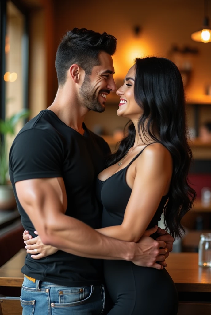 A photo of a man and a woman. The man is well-built, with short black hair, fair skin, wearing a t-shirt, jeans and casual shoes. The beautiful woman has long black hair, white skin, big breasts, wearing sexy clothes and casual shoes. They are smiling and hugging. The background of the photo is in a cafe