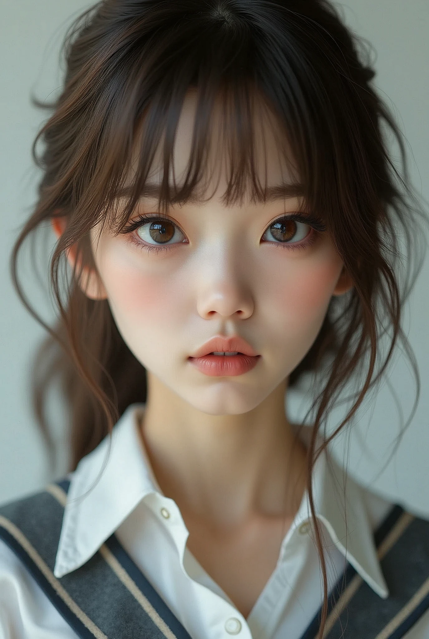 Amazing face and eyes, highly detailed Beautiful face, brown straight hair, Bangs, big brown eyes, pale skin, slim, pale skin, hi-school uniform, fine face