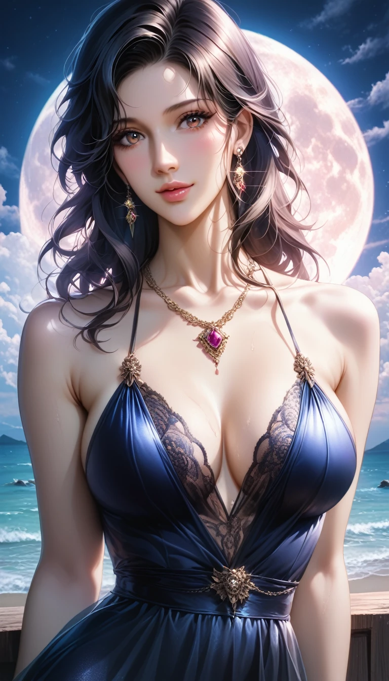 score_9, score_8_superior, score_7_superior, A masterpiece in 32K resolution,Highest quality,it is really amazing,Very detailed,Ultra-high resolution,Ultra-realistic,Realistic,Increased depth of field,Cinematic lighting,
Sexy Japanese Mature Woman,
black straight medium hair,Ultra-detailed and beautiful face,Gentle expression,Translucent white skin,Realistic skin texture,
Elegant swimwear,
Bold design,Artistic design,Beautiful and detailed pattern,Detailed fabric texture,
Gorgeous necklace,Earrings,
Coastline at night,Giant Moon,Dark clouds floating in the dark night sky,
Cinematic Angle,