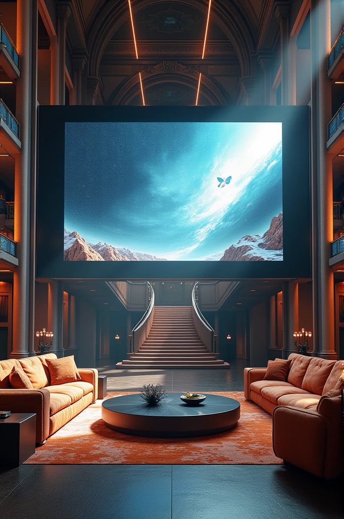 Giant room with a giant television and large furniture and in the background stairs to the second floor