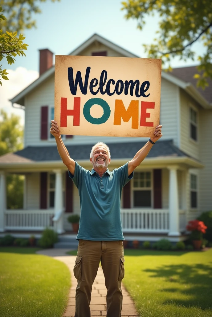 man standing with welcome home poster