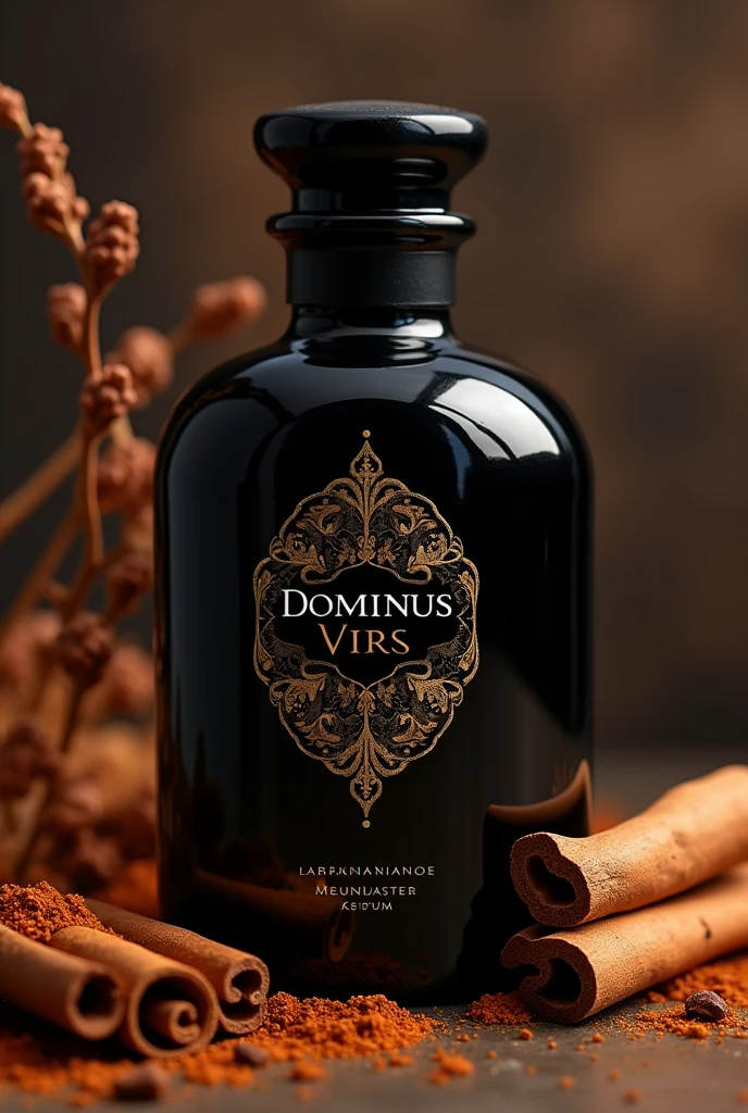 Create a design for a perfume with the inscription Dominus Vir and no additional inscription on the bottle, the bottle should also be black. The bottle should be kept light.
The picture should be oriental and in the background there should be spicy plants and cinnamon