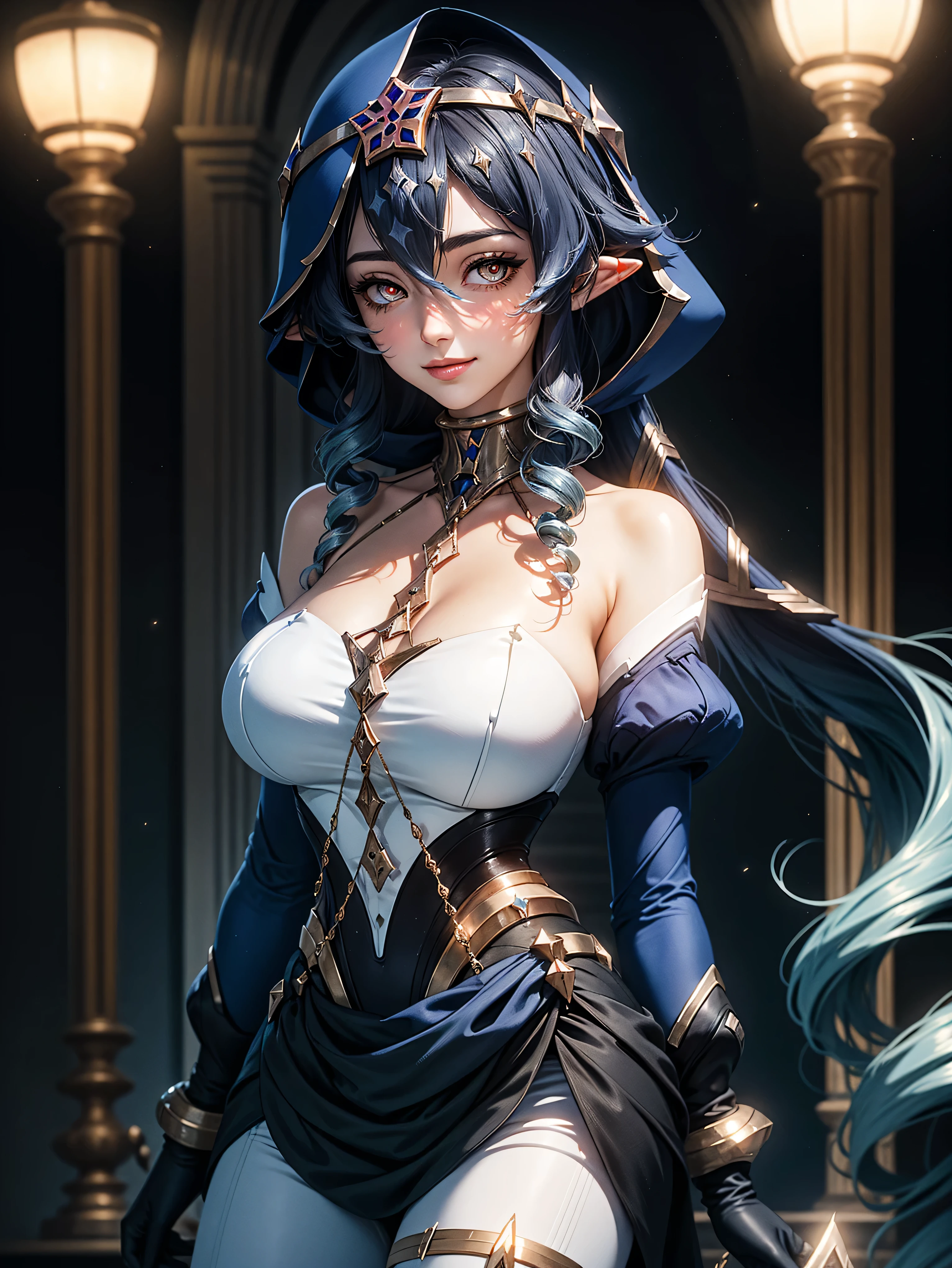 masterpiece, Super detailed, high quality, 8k CG, Huge breasts, layladef, night, blush, smile, Bright Eyes, Are standing, (Shining Eyes:1.5), Upper body details, Arms crossed,