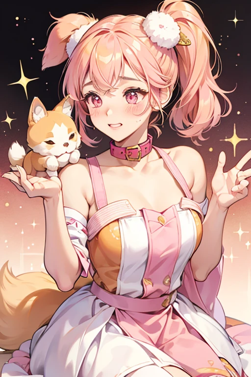 Bento is an apricot girl dog with a pink right ear and tail tip, pink blushed cheeks, and wears a brown collar with a gold bone-shaped tag on her SPARKLE; GLITTER