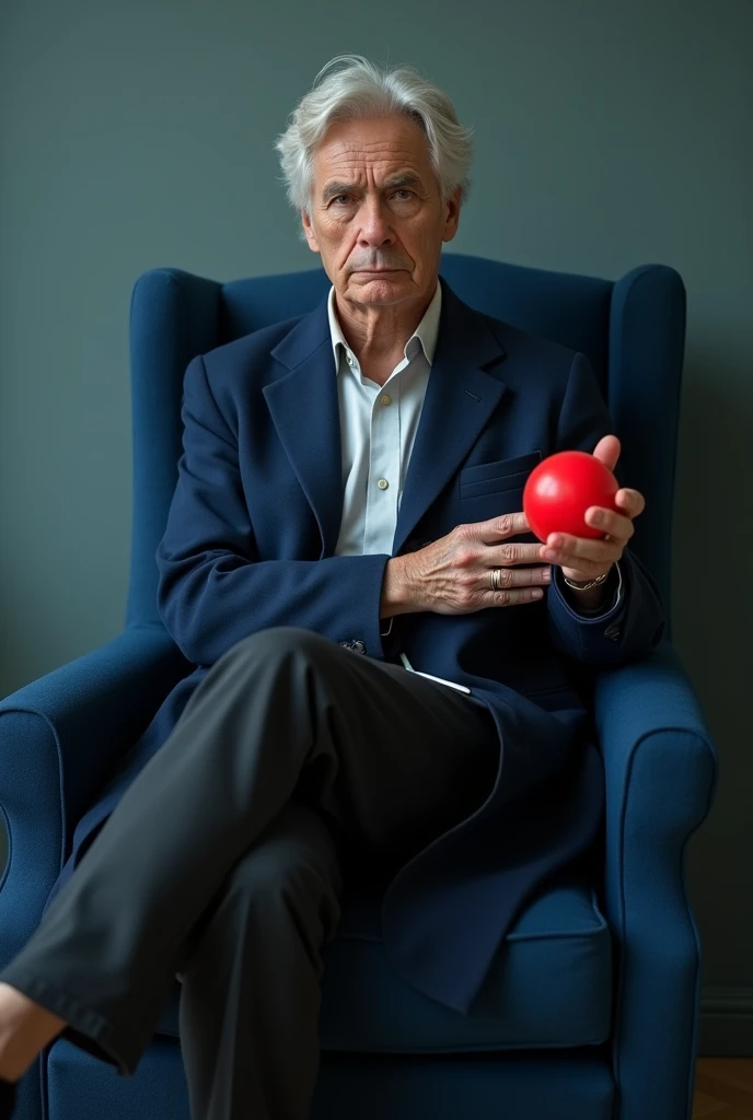 18+  age Cut to blue chair sitting on right leg left leg blue coat white pen 
The right hand holds a red ball
Looking at the camera, straight ahead
