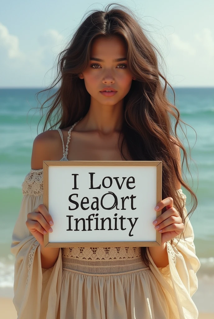 Beautiful girl with wavy long hair, bohemian dress, holding a white board with text "I Love Seaart Infinity" and showing it to the viewer
