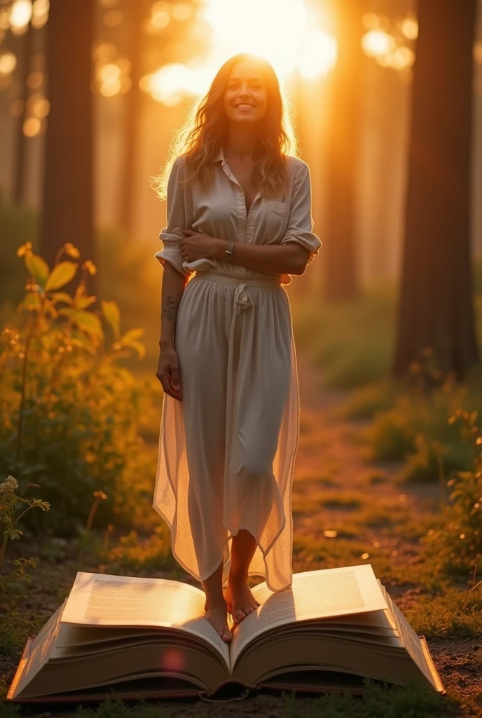 Create an inspiring image that conveys confidence and self-awareness. The image must include a woman standing, de corpo inteiro, smiling in a natural environment, como um fild ou Garden, ao nascer ou sunset. Her expression should convey confidence and serenity..
Elementos visuais:
5. main image:
• Full body woman, smiling and confident, 40 year old. Standing on a huge (very big) opened book.
• Natural environment (fild/Garden).
• Soft sunrise light/sunset.
6. Star of David:
• Discreetly positioned in a corner of the image or subtly incorporated into the background.
7. golden lights:
• Soft light elements radiating around the woman to create an effect of illumination and mysticism.
8. Numerological Diagram:
• A graph or diagram of numbers in a side area or discretely in the image, suggesting the deep and analytical content of the numerological chart.
Style Guidelines:
• Soft and comforting tones.
• Mystical and attractive touch.
• Mix natural light and graphic elements to create a harmonious look.