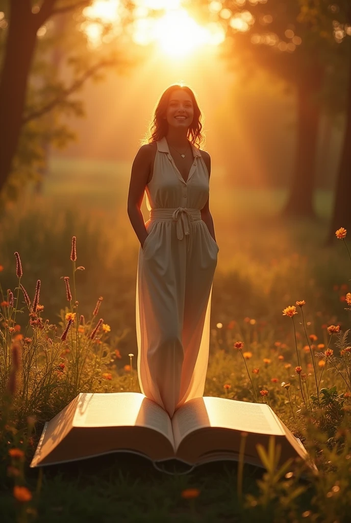 Create an inspiring image that conveys confidence and self-awareness. The image must include a woman standing, de corpo inteiro, smiling in a natural environment, como um fild ou Garden, ao nascer ou sunset. Her expression should convey confidence and serenity..
Elementos visuais:
5. main image:
• Full body woman, smiling and confident, 40 year old. Standing on a huge (very big) opened book.
• Natural environment (fild/Garden).
• Soft sunrise light/sunset.
6. Star of David:
• Discreetly positioned in a corner of the image or subtly incorporated into the background.
7. golden lights:
• Soft light elements radiating around the woman to create an effect of illumination and mysticism.
8. Numerological Diagram:
• A graph or diagram of numbers in a side area or discretely in the image, suggesting the deep and analytical content of the numerological chart.
Style Guidelines:
• Soft and comforting tones.
• Mystical and attractive touch.
• Mix natural light and graphic elements to create a harmonious look.