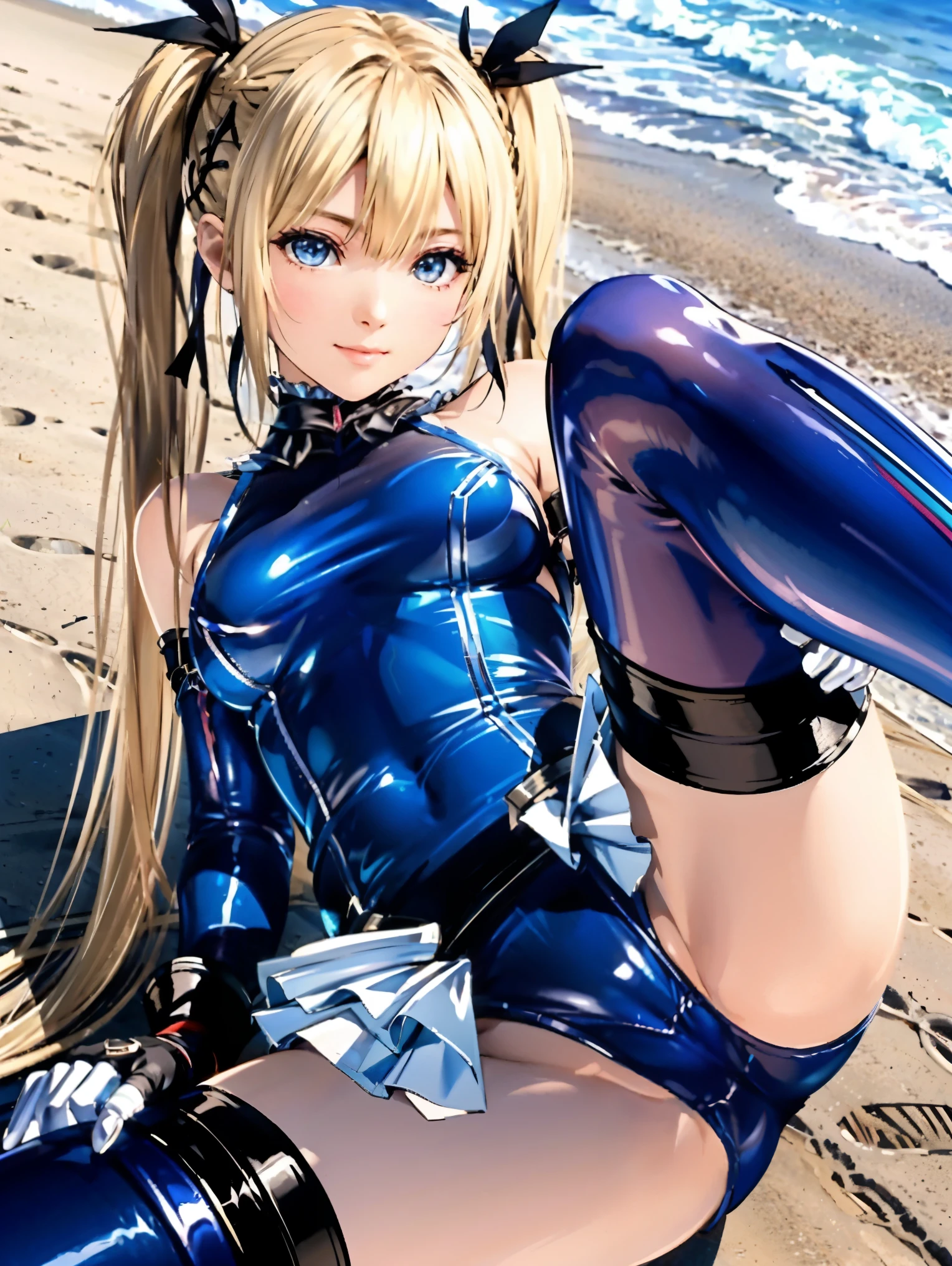 ((Highest quality,Extremely detailed CG Unity,32K)), (( Professional quality,Perfect photo, Ray Tracing, Perfect volume lighting )), ((Hyper Detail,Intricate details))((Masterpiece)),眩しいハイライトが入ったプラチナblondeの髪、Shiny bright hair,、Shiny beautiful bangs、Sparkling, clear, attractive big blue eyes、A very beautiful, lovely and cute 16 year old girl、(((((Shiny patent blue swimsuit)))((Camel Toe),(Frilled swimsuit, Knee socks, Removed sleeve), ,(White fingers:1.1,Black gloves),(((blonde))),(Very long hair:1.6),Twin tails、Beach cove background,Bend your knees (,From below:1.2),(Spread your legs:1.1)
