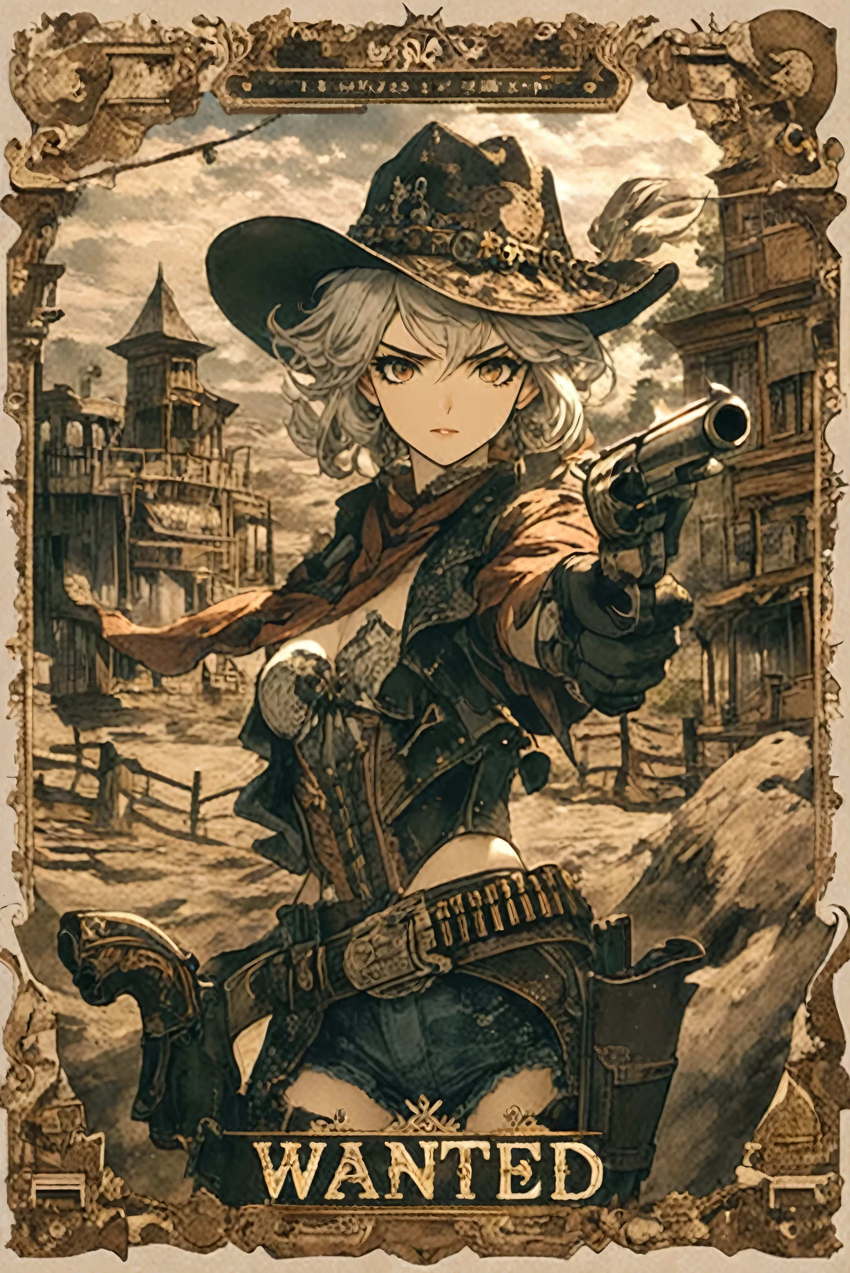 one wearing a cowboy hat、Poster of woman holding gun, The Old West, Cyberpunk Wild West, western shooter, guys, Steampunk beautiful anime woman, author：Akihiko Yoshida, Highly detailed official artwork, The Old West, Official Anime Artwork, inspired by western comics, shooter, Main animation art, Beautiful cowboy witch, Yoshihiko Wada, Post-apocalyptic cowgirl