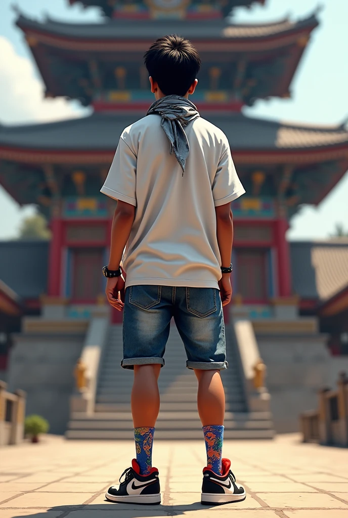 A Nepali guy of age around 23 from behind view, 5.4 ft in height and 72 kg in weight a little fat round body shape, Standing in front of temple in kathmandu, in a cool get up wearing oversized tshirt , jaded jeans shorts, nike jordan shoes with sexy printed socks and short hair. And handkerchief tied in neck.