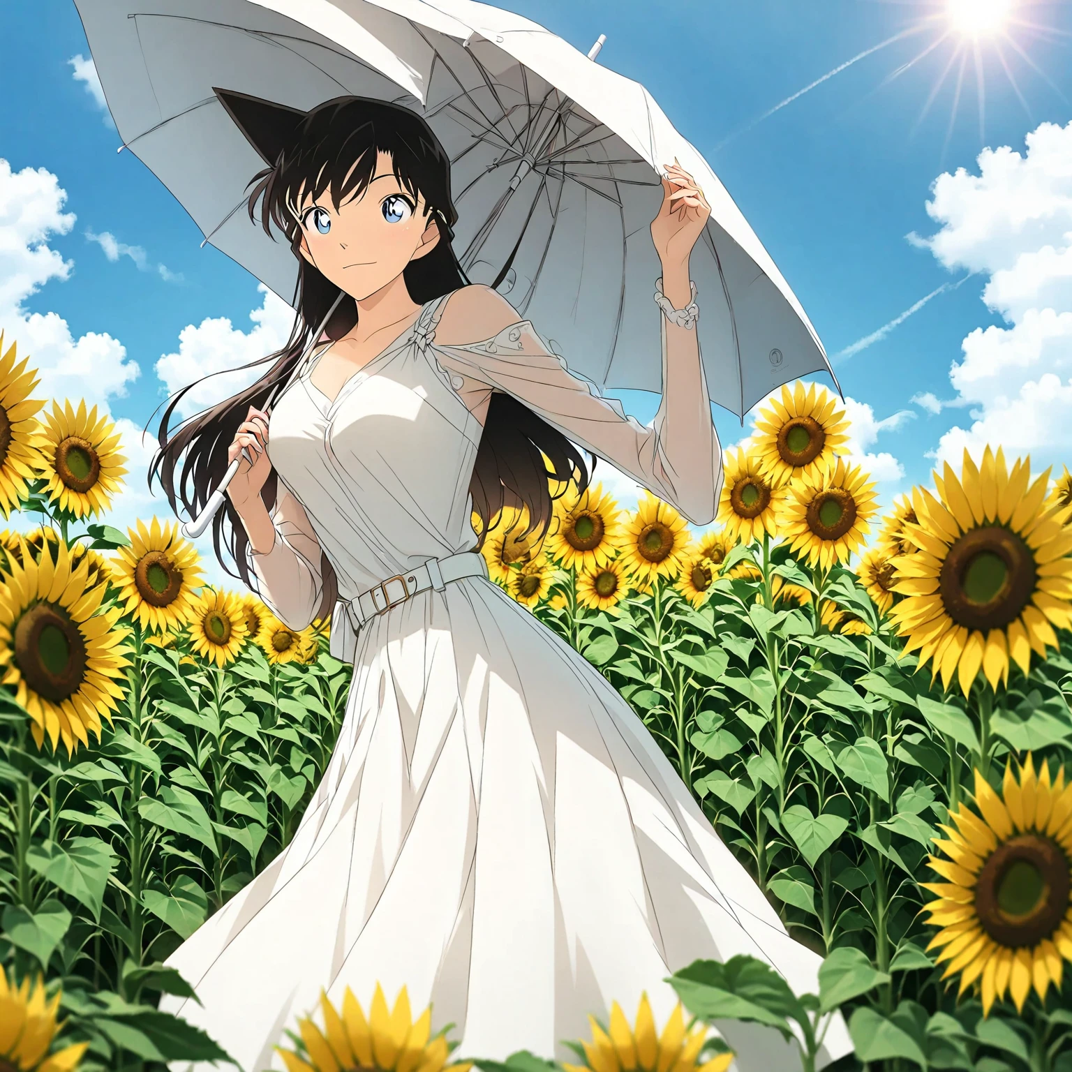 An anime-style beauty standing in a sunflower field。（full-body shot，Perfect body，individual：1.3），Beautiful woman wearing a white dress，Elegant skirt design，With long sleeves and belted detail。She holds a white umbrella，Black hair，Drop to shoulders。She looks relaxed and happy.，Seems to be enjoying a sunny day。The surrounding sunflowers face different directions，The background is a clear blue sky with a few clouds。The overall picture gives a sense of tranquility and summer.。