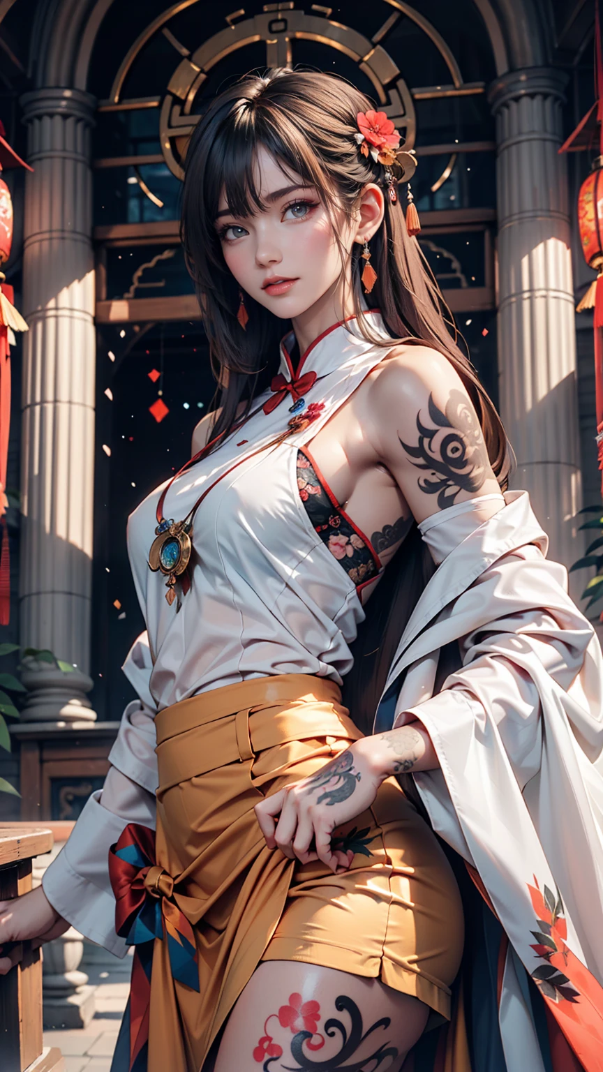 Ancient Chinese Beauties, Attractive temperament, Flowing long skirt, Clear Face, Beautiful Eyes, Around the sweet osmanthus, A well-proportioned masterpiece with perfect body structure, Very detailed, A magnificent composition, Color tattoo art, New Traditional Tattoo Art, SD Tattoo Design, Color tattoo art, Mysterious, warm and friendly atmosphere, Hyperrealistic painting, Super HD, high quality, 最high quality, 32K --v 6